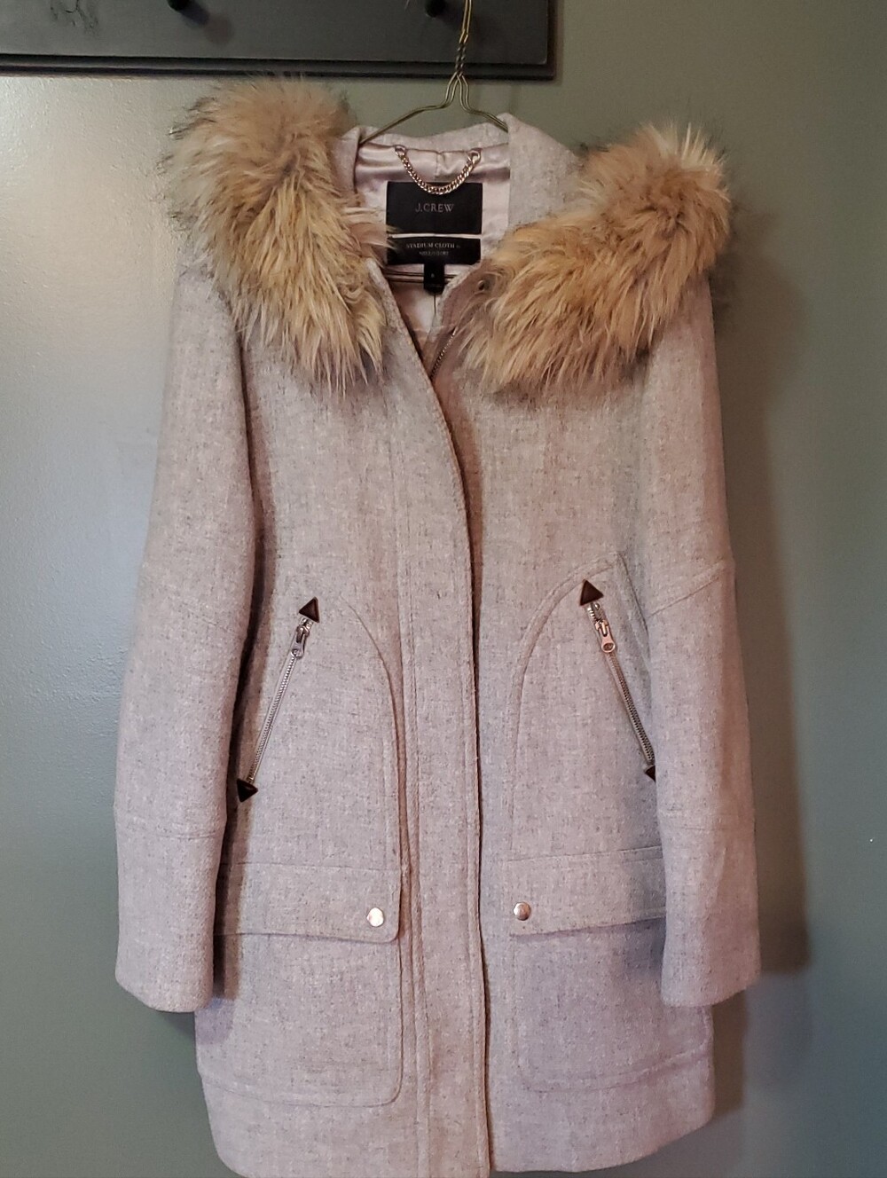 J. Crew Light Gray Wool-Blend Trench Coat with Faux Fur Hood
